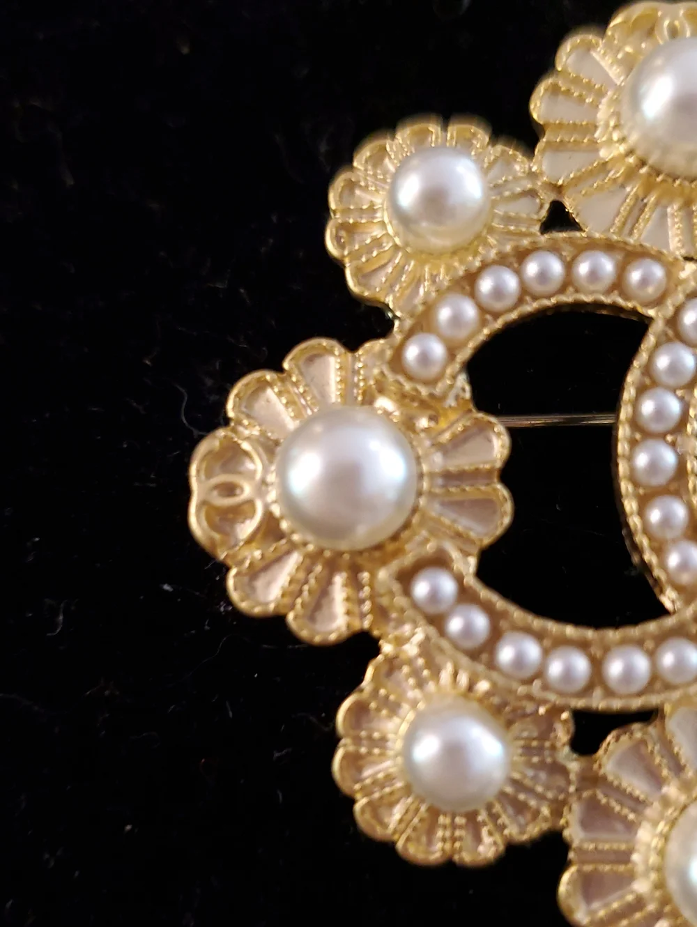 Chanel Gold Pearl Floral Logo Brooch -